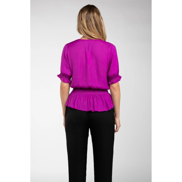 Naked Zebra Cora Peplum Blouse Womens S Mulberry Purple Smocked Short Sleeve NWT - Picture 4 of 10